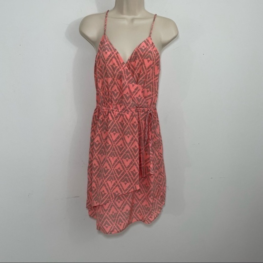 Rebecca Taylor silk faux wrap dress mini geometric print  size 4 orange gray